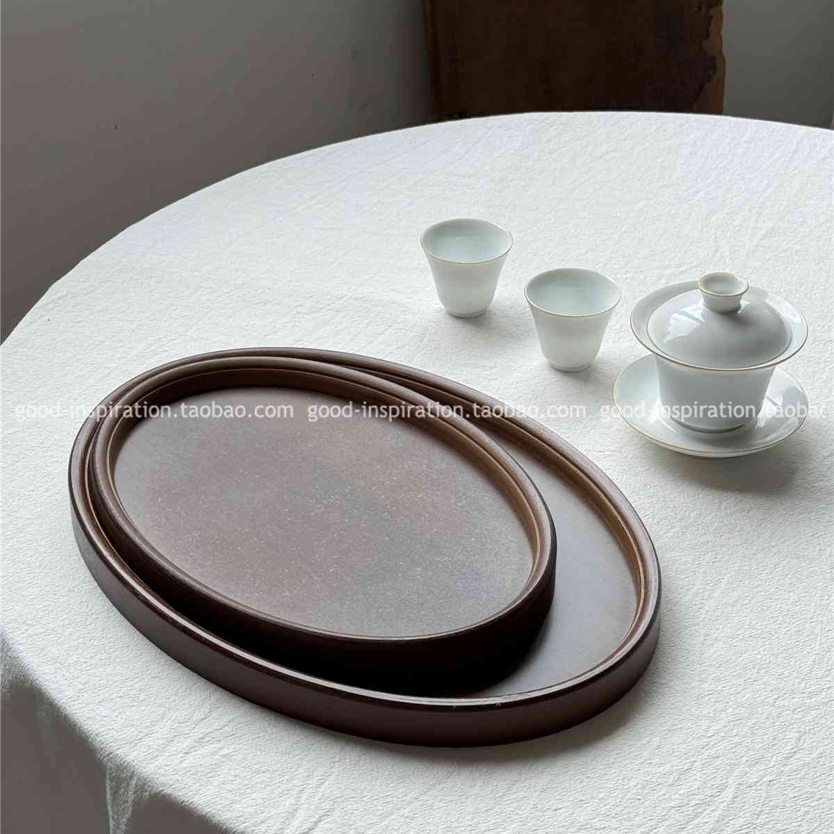 日式竹木椭圆形托盘 茶盘收纳盘复古新中式高档餐盘胡桃木色