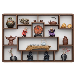 挂墙置物架博古架实木中式茶壶多宝阁茶室壁挂式墙上茶壶现代简约