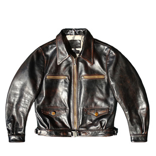 茶心擦色做旧马皮真皮皮衣男快插扣腰带哈特曼德国飞行夹克翻领