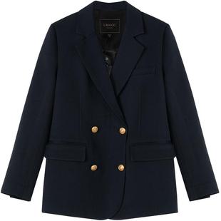 LAGOGO藏青色双排扣正肩西装女拉谷谷2026春新款通勤职场外套