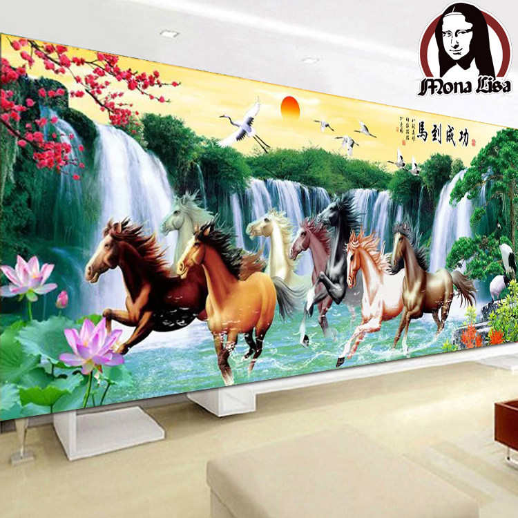 迎客松八骏马新品十字绣2025新款马到成功客厅山水画流水生财刺绣