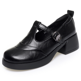 真皮乐福鞋女英伦T字带小皮鞋粗跟玛丽珍女鞋子厚底单鞋防滑软底