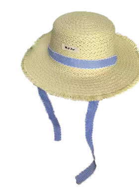 蓝色格子飘带平顶拉菲草帽女夏季