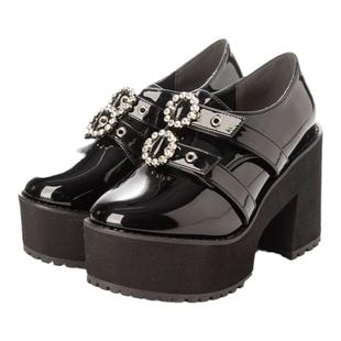 【日本直邮】attagirl粗跟厚底女鞋10cm宝石扣带黑色珐琅厚底鞋