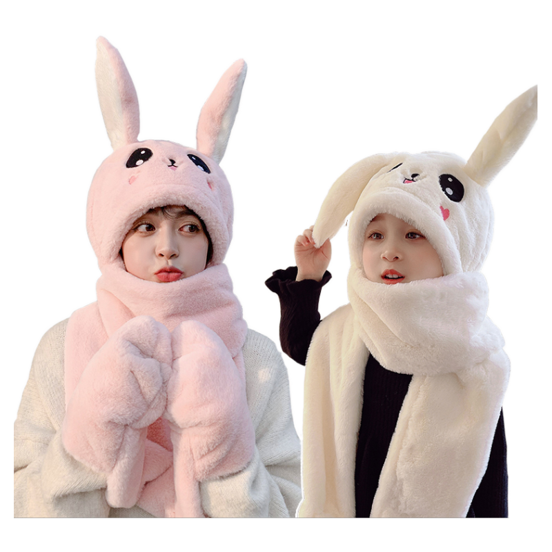 秋冬季兔子耳朵帽子会动骑车手套围巾一体儿童女童加绒加厚保暖帽