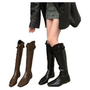 平底黑色直筒长靴女鞋2025年新款秋冬季方头V口中筒长筒骑士靴子