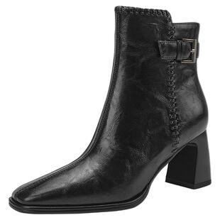 星期六短靴女2025新款秋冬气质方头廋廋靴英伦风粗跟通勤时装靴子