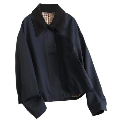 藏青色宽松显瘦H型翻领通勤外套