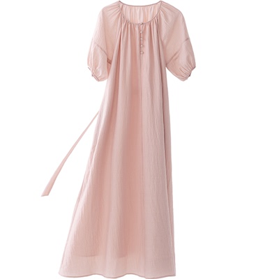 cr文艺粉圆领短袖系带连衣裙口袋