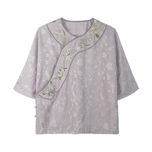 JKJS【烟轻黛】人丝织银花罗短袖衬衫国风刺绣新中式上衣夏季小衫