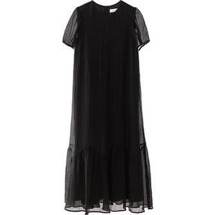 连衣裙短袖不规则过膝裙摆拼接设计宽松chill风黑色长裙新款女装