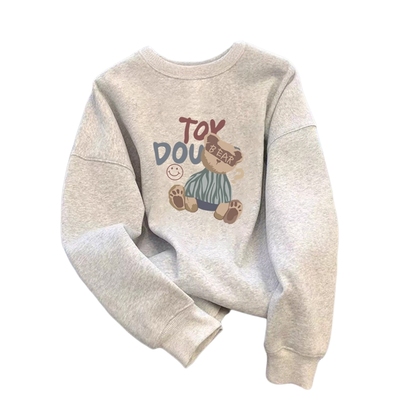 加绒灰色圆领卫衣女美式复古上衣