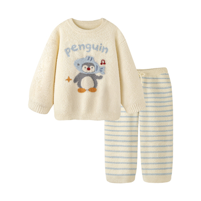 冬季睡衣女款加厚企鹅半边绒套装