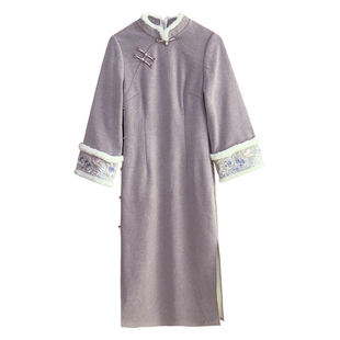 紫陌【自制款】加绒版~紫色优雅新中式大码胖mm旗袍连衣裙刺绣冬