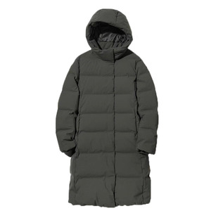 优冬季女装无缝羽绒服女过膝长款连帽保暖简约墨绿色外套439720