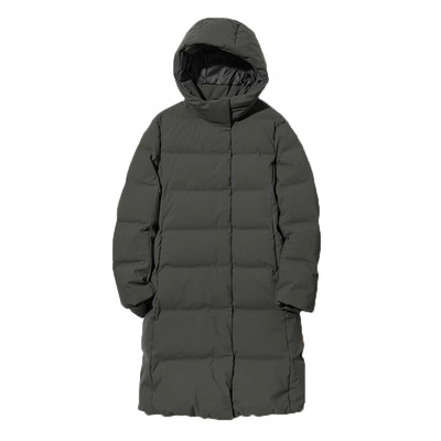 优冬季女装无缝羽绒服女过膝长款连帽保暖简约墨绿色外套439720