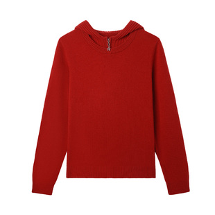 【假两件连帽卫衣】枫竺静奢全羊毛针织衫女冬季新年红色打底毛衣