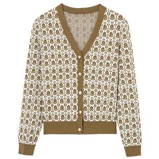 布景针织开衫女春季新品简约花卉图案装饰V领长袖毛衣外套1802