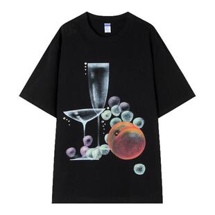 RedRef 短袖上衣手绘缤纷水果气泡酒印花烫钻T恤女夏