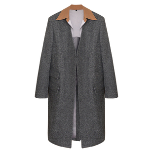 因由 老钱风设计感羊毛外套长款極简ROW风混色两穿衬衫领毛呢大衣