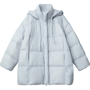 CV大码女装冬新品90白鸭绒防风锁温锁绒泡芙飘带连帽羽绒服女胖mm