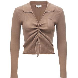 ONLY2025冬季时尚V领花边抽绳设计修身显瘦长袖针织衫