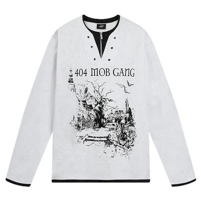 404MOB秋季新款亨利领长袖T恤男女美式复古印花半拉链假两件卫衣