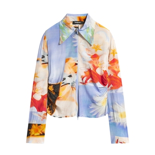 Desigual26春夏新品抽象印花拉链装饰腰部抽褶女式衬衫