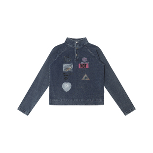 FUNKYFUN 斑驳做旧贴图印花洗水插肩袖半开门襟立领小版型卫衣