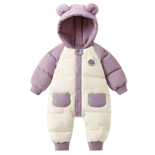婴儿羽绒服连体衣冬季外出服白鸭绒女宝宝小月龄秋冬加厚保暖爬服