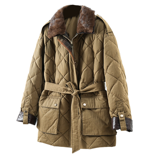 欧货2025冬季新款可拆卸水貂毛领腰带打格绵羊皮鹅绒服女羽绒外套