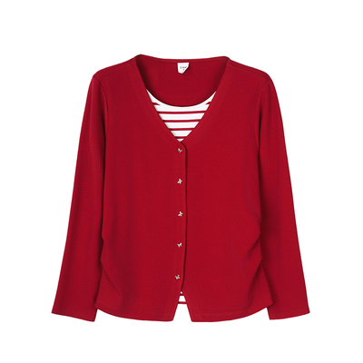 贴心女士罗纹假两件长袖衫