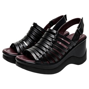 一席之地女鞋真皮细带组合编织露趾厚底坡跟罗马舒适防滑轻便凉鞋