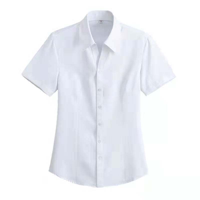 短袖衬衫女夏季黑色V领/翻领衬衫女韩版面试工作服修身职业装工装