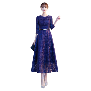 蓝色蕾丝晚礼服女气质宴会高端婚礼妈妈婚宴装连衣裙平时可穿长袖
