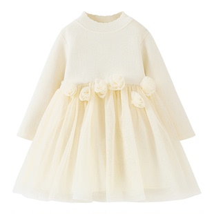 迷你巴拉巴拉女童宝宝连衣裙2025秋冬新款中大童甜美花朵公主纱裙
