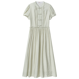 固执夏季新款中式复古立领盘扣高腰泡泡短袖a字中长款连衣裙