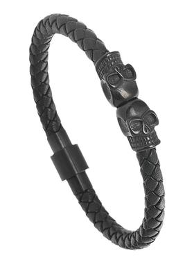 欧美风骷髅头真皮钛钢黑色手绳