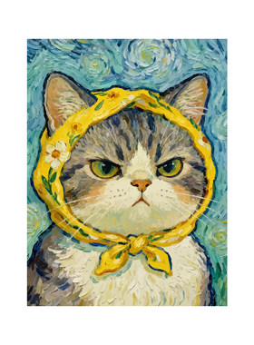 梵高猫咪卡通可爱数字油画手工画