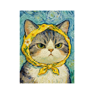 梵高猫咪卡通可爱数字油画手工diy自己涂色填充丙烯宠物肖像挂画