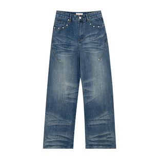 橘子树在哪儿复古猫须蓝色牛仔裤冬季女款设计感阔腿显瘦拖地裤子