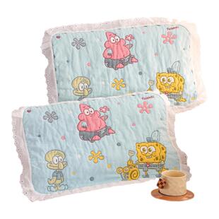 海绵宝宝花边纯棉纱布儿童枕巾一对装卡通柔软盖巾宝宝全棉枕头巾