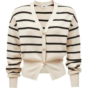 ONLY2025冬季新款软糯亲肤条纹长袖落肩袖V领短开衫针织衫女