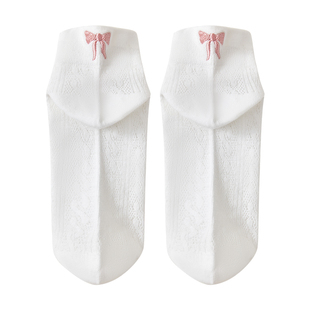 短袜女纯棉袜子夏薄款蝴蝶结无骨袜白色船袜不掉跟防滑网眼ins潮