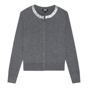 【含羊毛】DKNY唐可娜儿针织开衫女复古圆领简约亮片装饰正肩时尚