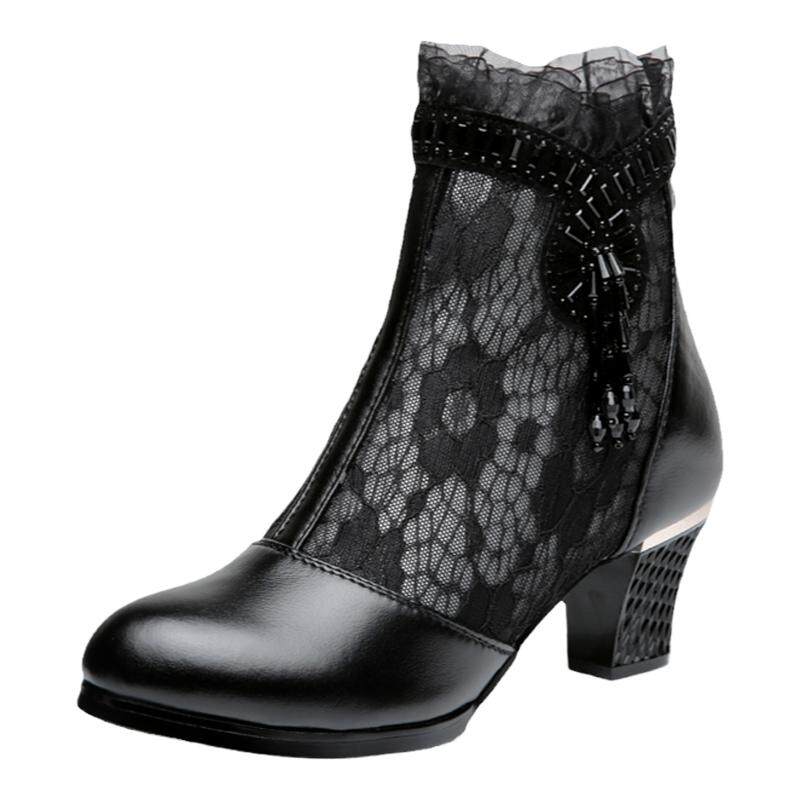 新款粗跟短靴女真皮中跟网纱靴镂空女靴夏季单靴透气凉靴春秋女鞋