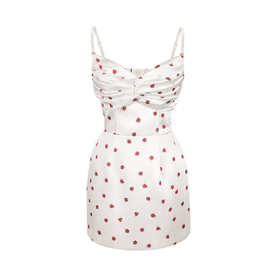 小野玫瑰鱼骨缎面印花收腰短裙