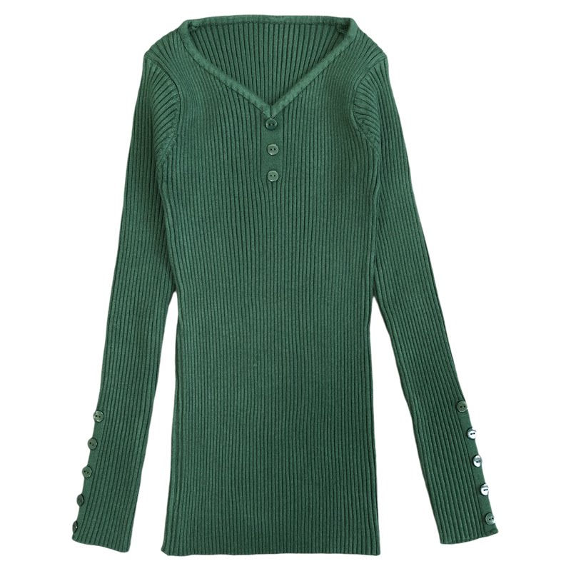 2026冬通勤风V领排扣毛衣女墨绿色坑条针织衫修身显瘦百搭打底衫