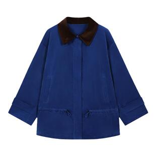 PaleBlueDot蓝点美拉蓝灯芯绒翻折立领夹克女宽松中性巴恩风外套