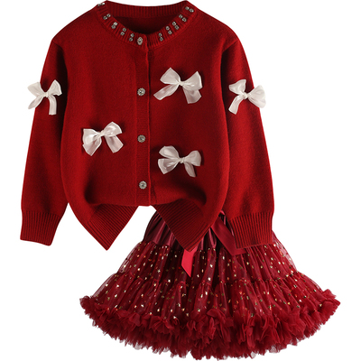 女孩红色新年服毛衣短裙套装加厚